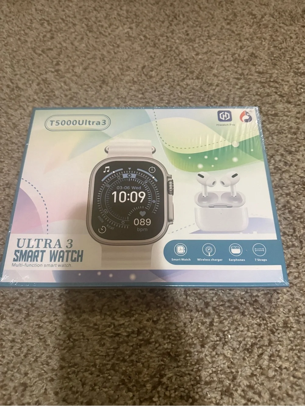 Smart Watch with White Band and Wireless Earbuds. Brand new